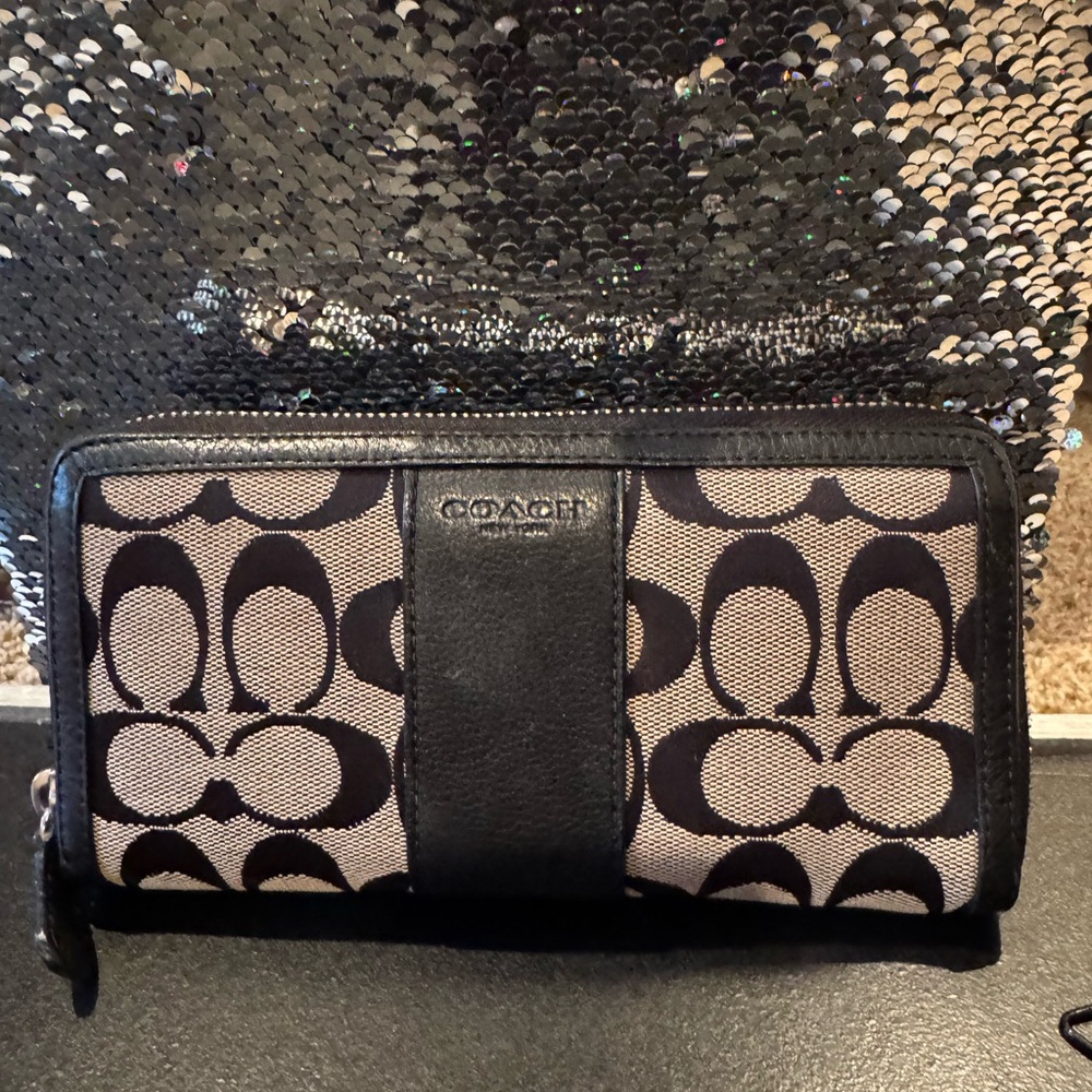 Coach Black and Tan Signature Wallet